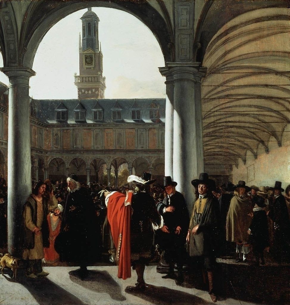 Patio de la Bolsa de Amsterdam en 1653 en los Paises Bajos / Foto via https://www.goodfreephotos.com/